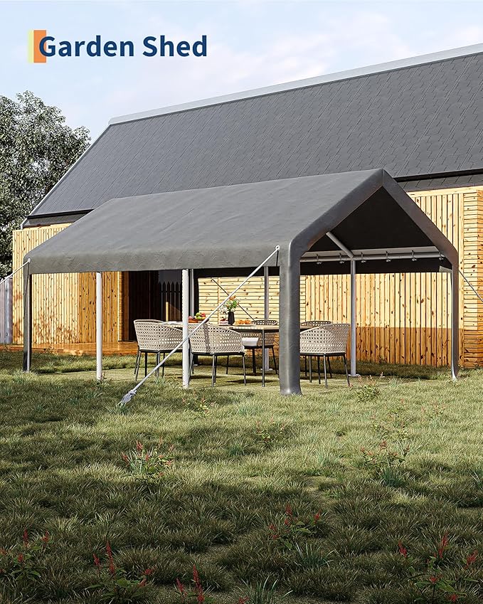 GarveeLife 12x20 ft Portable Garage, Car Port with 200 g PE Tarp Cover, with Front & Rear Roll-Up Doors and 4 Windows, for Temporary Paint Booth, Boats&Pickups Shed, and Event Shelter, Gray