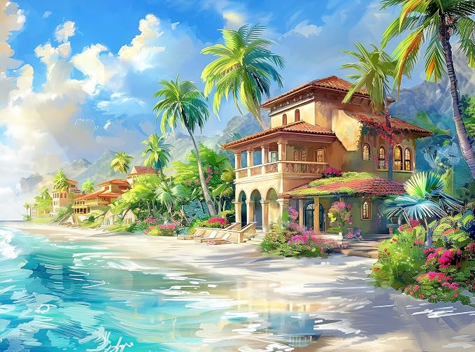 1000 Piece Jigsaw Puzzle for Adults - Elegant Beach House Near The Blue Ocean Waves with Tropical Flowers - Challenging Puzzle Perfect for Game Night - Hawaii Paradise - 20x27 inch