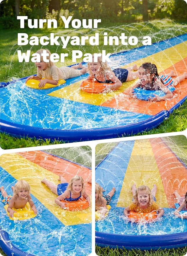 Sloosh Triple Water Slide with 3 BodyBoards, 22.5FT Lawn Water Slip Splash Pad Slide Summer Toy with Build in Advanced Sprinkler for Kids Adults Backyard Summer Water Fun