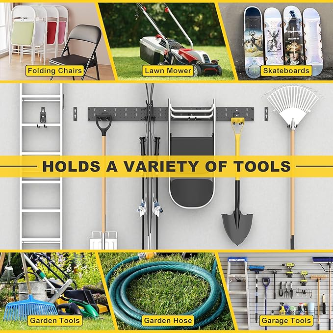Ultrawall Garage Storage Organization, Versatile Storage Hooks Garden Tool Organizer Wall Mount, 64 Inch Yard Tool Organizer Hangers for Shovels, Rakes, Ladders, 19pcs Black