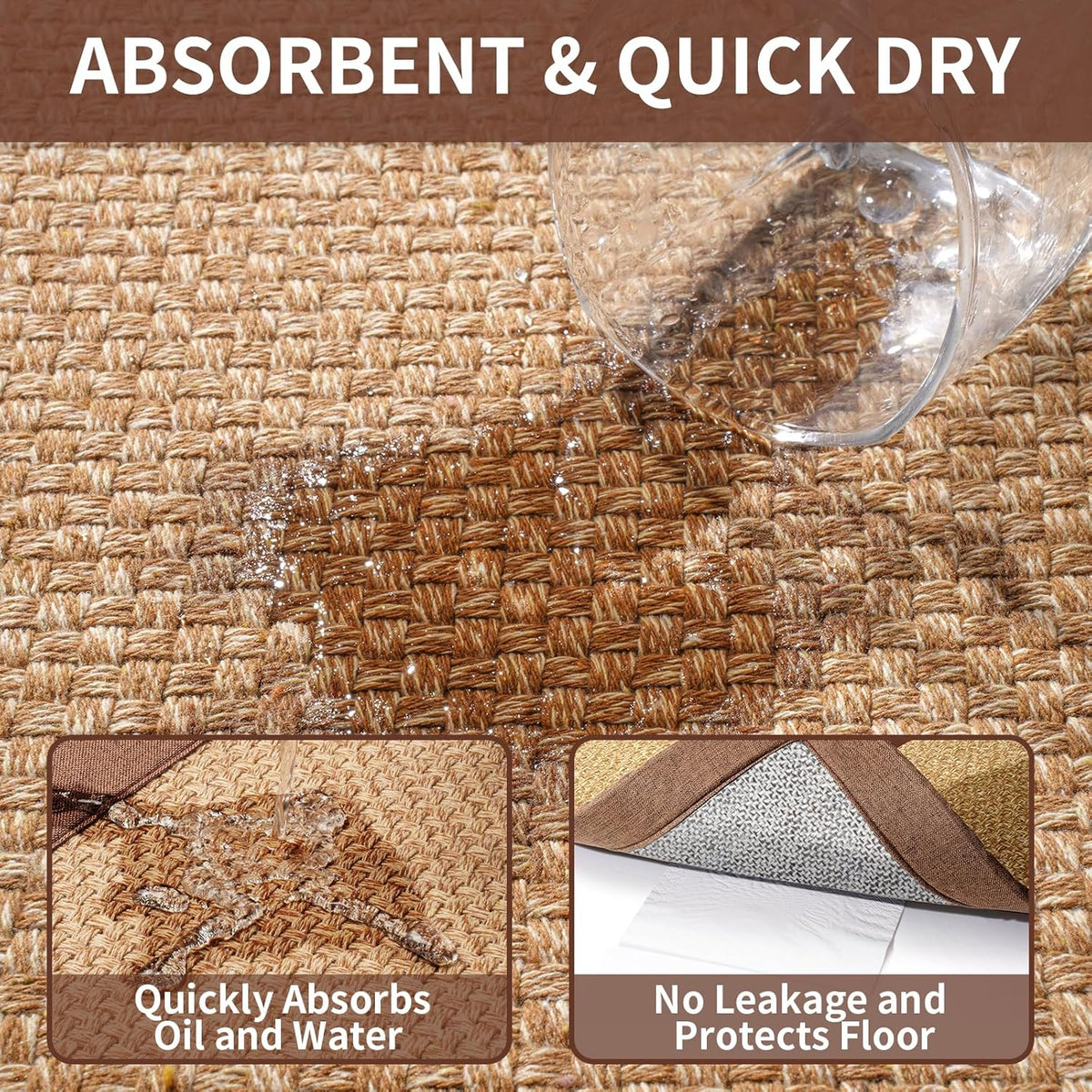 Kitchen Runner Rugs Non Slip Washable, Super Absorbent Kitchen Mats for Floor, Rubber Backing Jute-Like Braid Long Sink Mat Standing Floor Mat, Machine Washable, Brown 17"x59"