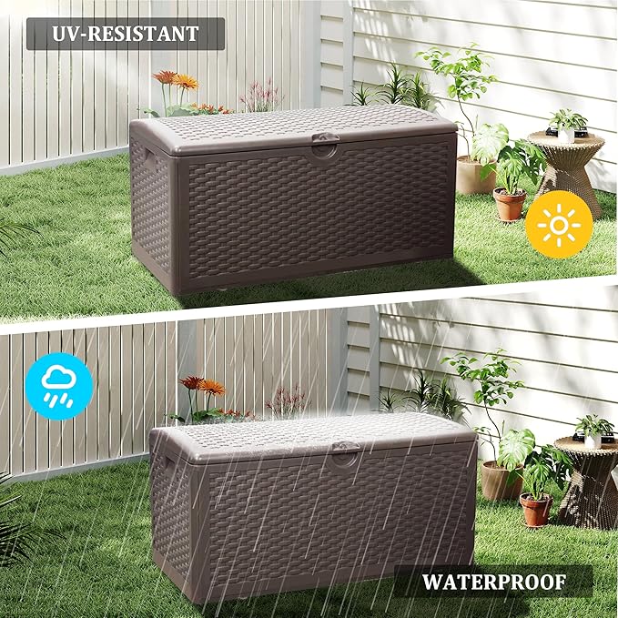 Outdoor Storage Deck Box Waterproof,90 Gallon Lockable Patio Package Delivery Bin as Seat, Resin Storage Container Bench for Furniture Cushions, Pool Accessories, Garden Tools, Brown