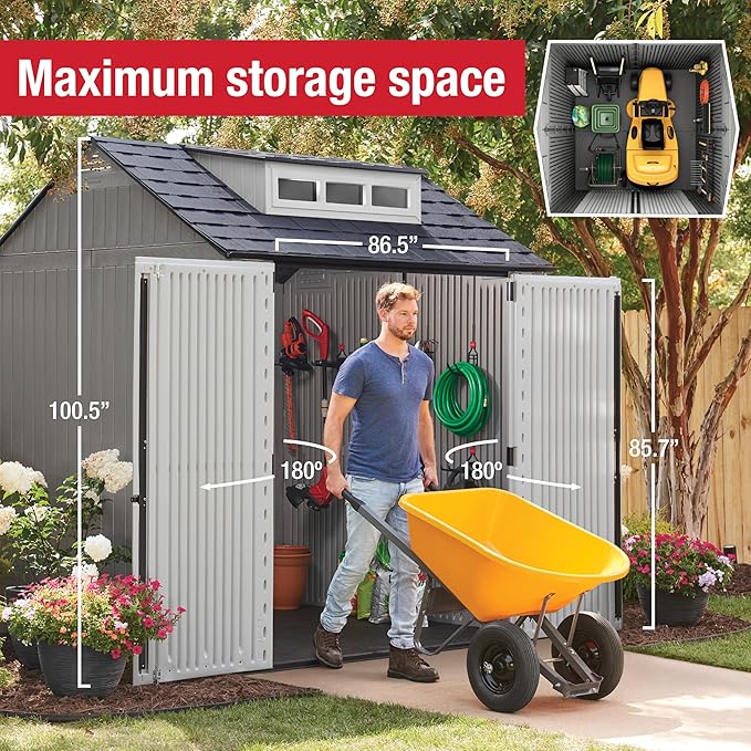 Rubbermaid Resin Outdoor Storage Shed With Floor (7 x 7 Ft) Weather Resistant Gray Organization for Home/Backyard/Garden Tools/Lawn Mower/Bike Storage/Pool Supplies