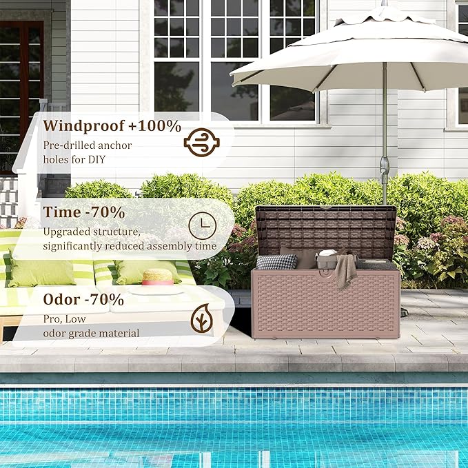 Outdoor Storage Deck Box Waterproof,90 Gallon Lockable Patio Package Delivery Bin as Seat, Resin Storage Container Bench for Furniture Cushions, Pool Accessories, Garden Tools, Brown
