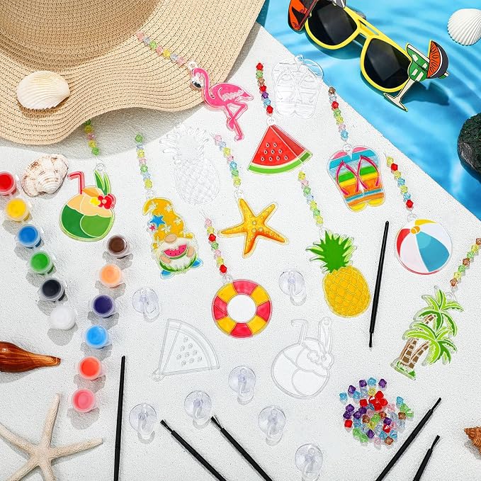 Yaomiao 30 Sets Summer Craft Kit End of Year Student Gifts Hawaiian Beach DIY Sun Catcher Bulk Paint Your Own Window Art Drawing Ornaments for Home Classroom Summer Activities Party Favor