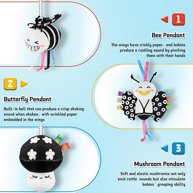 Spiral Car Seat Toys for Babies, 0-6 Months Stroller Pram Activity Hanging Toys High Contrast Black and White Sensory Toy, Newborn Soft Plush Travel Toy for Newborn Boys Girls Gift