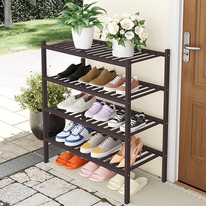Smiry Shoe Rack, 4 Tier Thick Bamboo Shoe Organizer, Stackable Free Standing Wooden Shoe Storage Shelf for Closet, Entryway, Front Door Entrance, Brown
