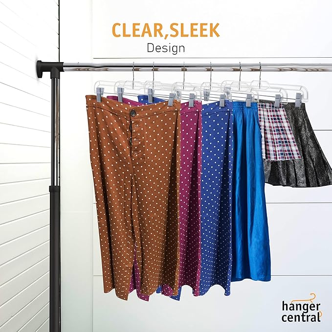 Hanger Central Premium 14 Inch Clear Pants Hangers with Adjustable Clips - 12 Pack Space-Saving Skirt Hangers - Non-Slip Heavy Duty Plastic Closet Organizers with 360° Swivel Hook
