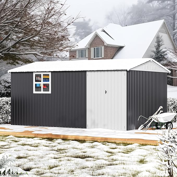 Polar Aurora 10X14 FT Metal Outdoor Storage Shed with Window, Heavy-Duty Galvanized Steel Garden Shed with Lockable Doors and 4 Vents, Large Weatherproof Tool Shed for Backyard Patio Outside, Black