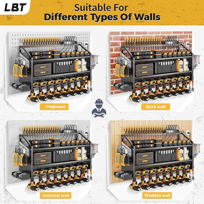 LBT Large Power Tool Organizer Wall Mount with Charging Station, 8 Drill Holder, 4 Layer Heavy Duty Metal Tool Storage Rack, 6 Power Strip, 8 Hooks, 2 Screw Boxes, Cool Gifts for Him Fathers Day