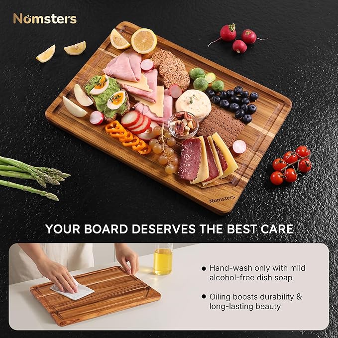 13'' Teak Wood Cutting Board for Kitchen Non Slip Over Sink Charcuterie Board Serving Heavy Duty Non Toxic Wooden Chopping Board Thick Haus Organic Edge Grain Wood House Warming Hostess Host Gift