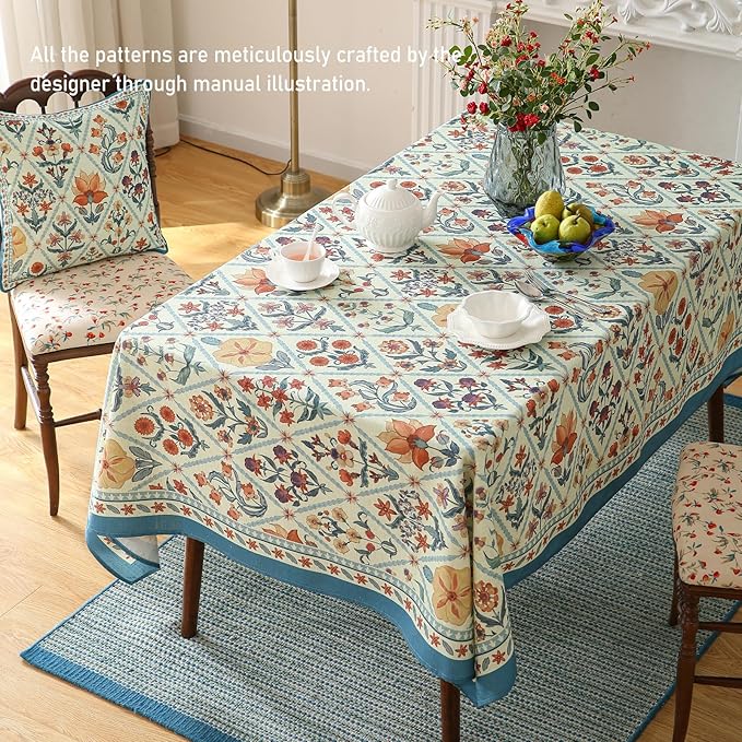 ISAENNE Designer Linen Elegant Tablecloth Rectangular,Colorful Floral Bohemian Table Cloth,Wrinkle Resistant Decor Tablecloths for Dining Thanksgiving Kitchen Party,55"*87"-Floralsea A