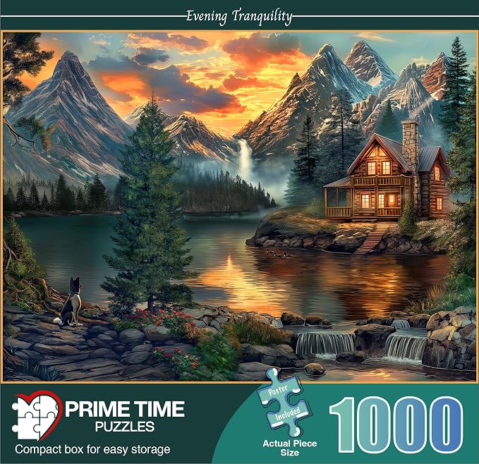 1000 Piece Jigsaw Puzzle for Adults - Mountain Cabin by a Lake - Challenging Puzzle Perfect for Game Nights - 1000 Piece for Adults. 20x27 inches