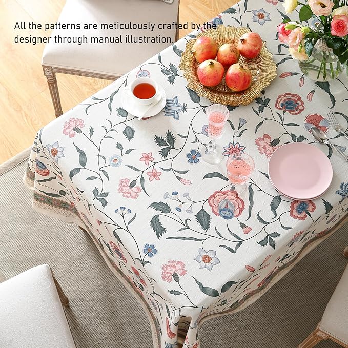 ISAENNE Designer Chinoiserie Linen Floral Long Tablecloth Rectangle,White Wrinkle Resistant Table Cloth,Elegant Decor Tablecloths for Dining Thanksgiving Kitchen Party Christmas,63"*102"-Daffy
