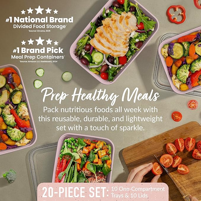 Bentgo Prep - 20-Piece 1-Compartment Reusable Meal Prep Containers with Lids, PFAS & BPA Free Materials, Durable, Microwave, Freezer, & Dishwasher Safe To Go Food Storage (Peony Glitter)