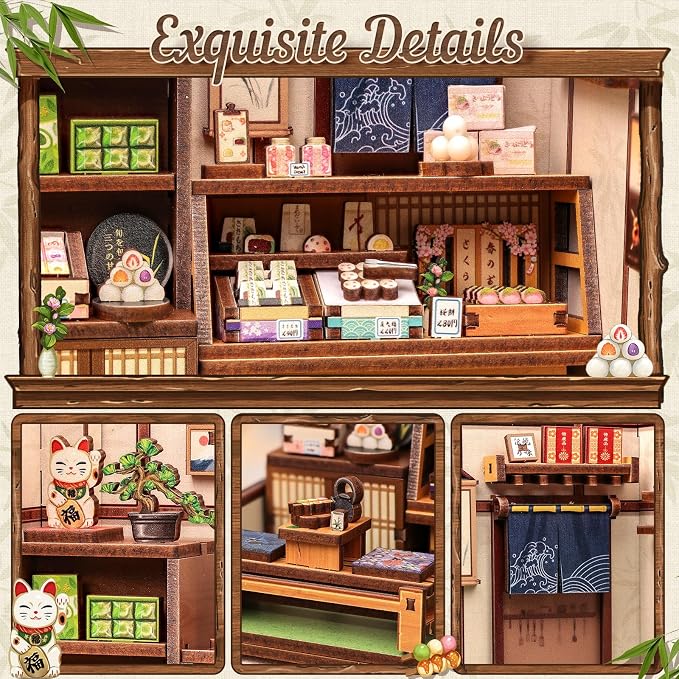 CUTEBEE Book Nook Kit - DIY Miniature House Japanese Sweet Wagashi Shop, Dollhouse Kit for Adults and Teens, Bookshelf Decor 3D Wooden Puzzle, Gifts for Family, Friends（Kanmi-dokoro Kurihara）
