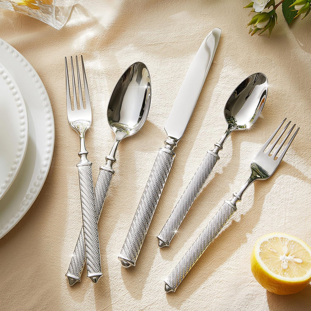 KINGSTONE Retro Rope-Pattern Silverware Set, 60-Piece Flatware Set Cutlery Set Forged with Handcrafted Texture Handles 18/10 Stainless Steel, Dishwasher Safe