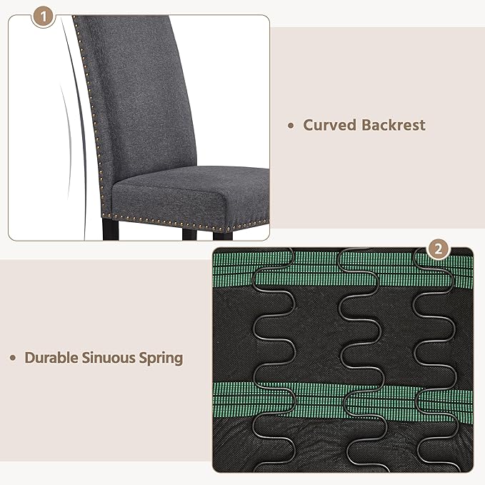 Yaheetech Upholstered Dining Chairs Set of 2, Modern Kitchen Chairs with Nailhead Trims and Solid Wood Legs for Dining Room, Living Room, Restaurant, Fabric Armless Design, Dark Gray