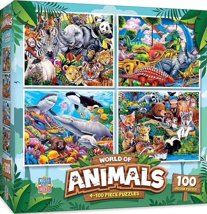 MasterPieces Jigsaw Puzzle Set for Kids, 4-Pack of 100 Piece Puzzles, Educational Animal Theme, Fun Game, Gift Idea, 8" x 10"