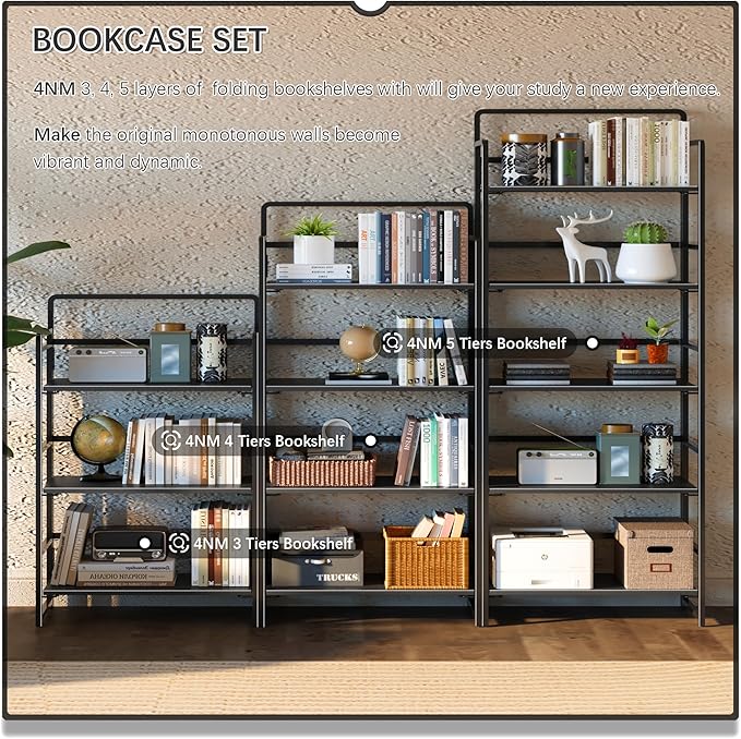 4NM No Assembly 5 Tiers Folding Bookshelf Storage Shelves Vintage Bookcase Standing Racks Study Organizer Home Office (All Black)