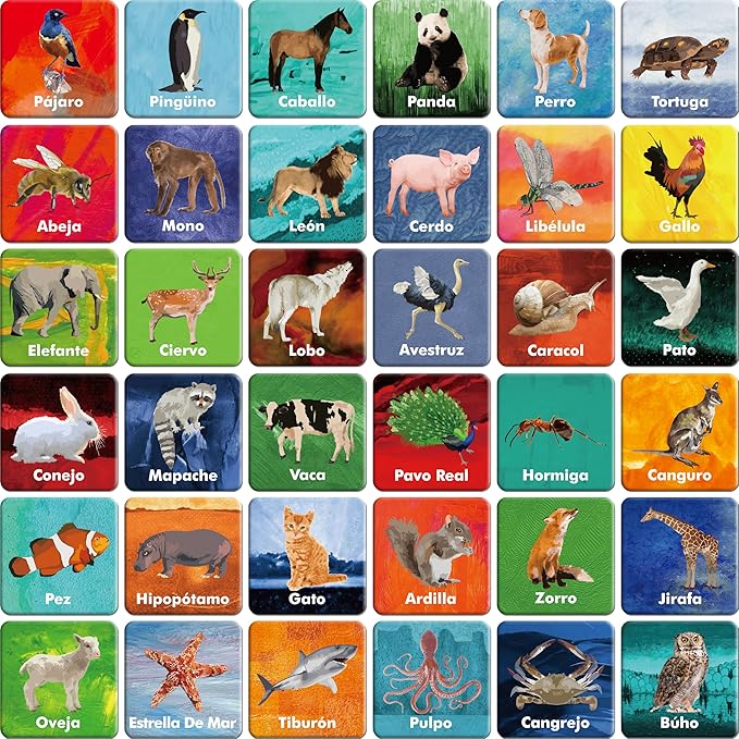 Hebayy 36 Pairs Animal Matching Game, 72PCS Spanish Flashcards 36 Designs Memory Cards Educational Learning Toys for Preschool 4 5 6 Years Old (Each Measures 2” X 2”)