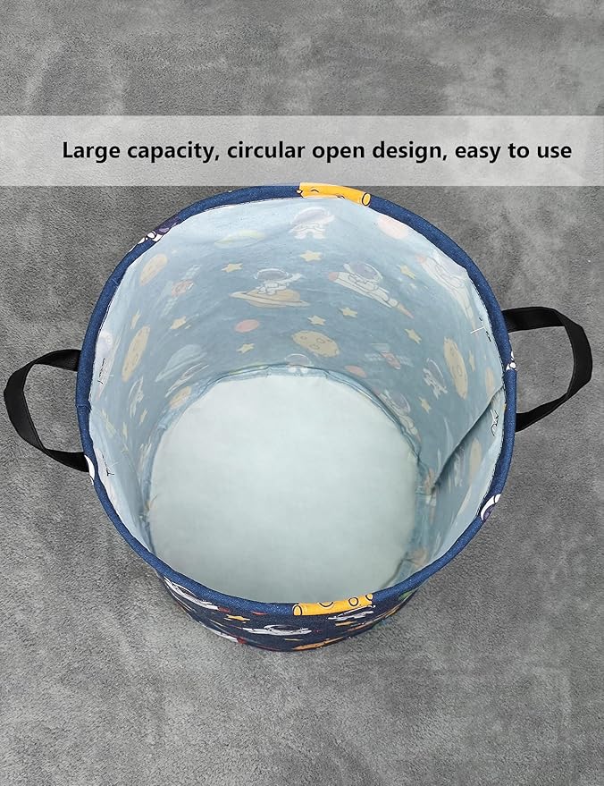 QUEENLALA Large Storage Basket,Laundry Hamper/Bathroom/Home Decor/Collapsible Round Storage Bin,Boys and Girls Hamper/Boxes/Clothing（Round-Yellow Star Astronaut）
