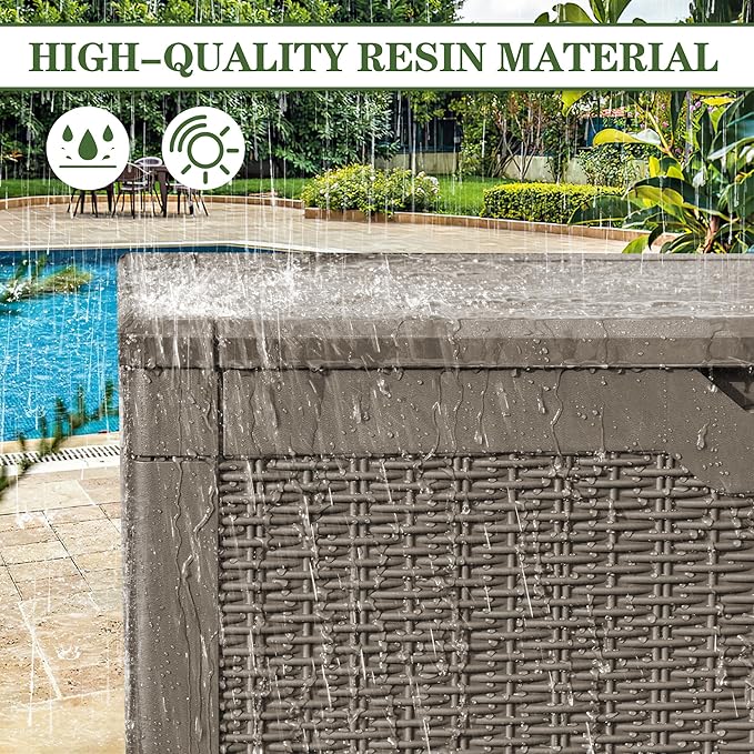 Greesum 100 Gallon Resin Deck Box Large Outdoor Storage, Imitation Rattan Weave Texture for Patio Furniture, Garden Tools, Pool Supplies, Weatherproof and UV Resistant, Lockable, Light Coffee
