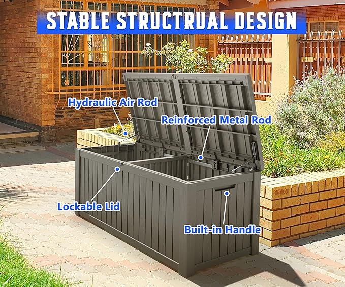NUNU LAB 150 Gallon Outdoor Storage Box,Resin Large Sturdy Deck Box, Backyard Outside Storage Box Waterproof with Double Wall Panels,Package Delivery Garden Outdoor Hose