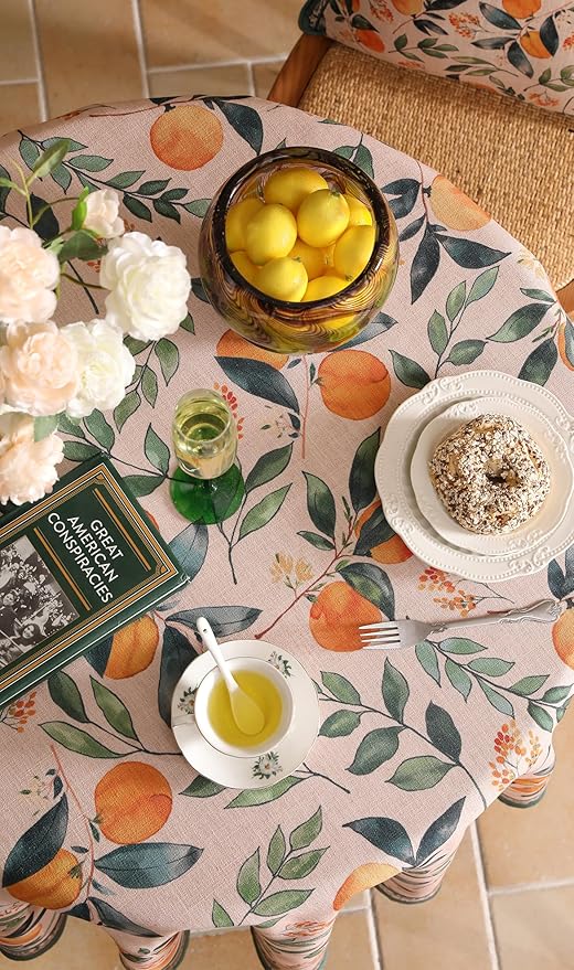 patdrea Designer Linen Small Round Table Cloth,Vintage Framhouse Oranges and Leaves Pattern Tablecloth,Decor Table Cover for Kitchen Dining Christmas,Thanksgiving,Party,Diameter 55"-Palladin a