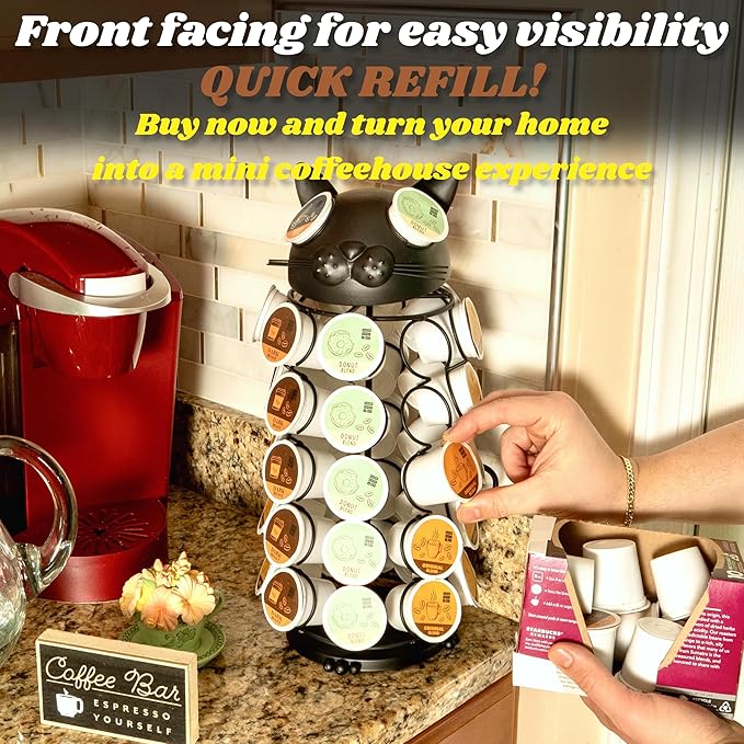 Made Easy Kit Carousel Coffee Pod Holder - Compatible with Keurig K-Pods K-Cups - Countertop 360 Spin Rack Storage Organizer - Revolving Base - Capsule Café Station Bar (Cat Black, Small)