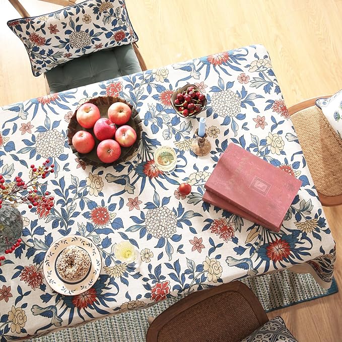 patdrea Designer Blue Tablecloth for Rectangle Table,Vintage Linen Leaves and Floral Pattern Extra Long Tablecloths,Floral Decor Cover for Kitchen Dining Christmas,Thanksgiving,67"x118"-Ivar a
