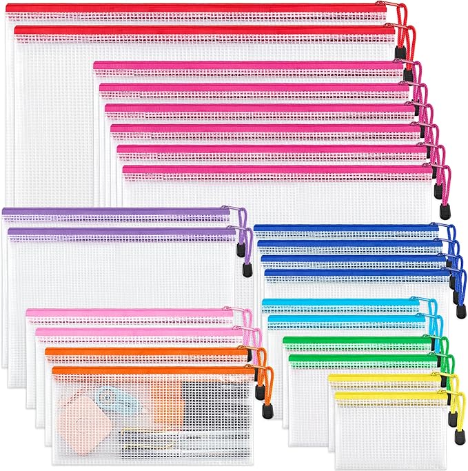 JARLINK 24 Pack 8 Sizes Mesh Pouch, 9 Colors, Waterproof Zipper File Bags Document Multipurpose Travel Bags for Office, School, Board Game, Puzzles, Cosmetics, Travel Accessories, and Home Organize