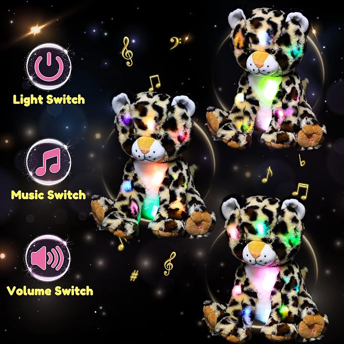 Hopearl LED Musical Plush Leopard Lighting Up Cheetah Stuffed Animal Panther Floppy Night Lights Glow in The Dark Birthday Festival for Kids Toddlers Boys, 11''