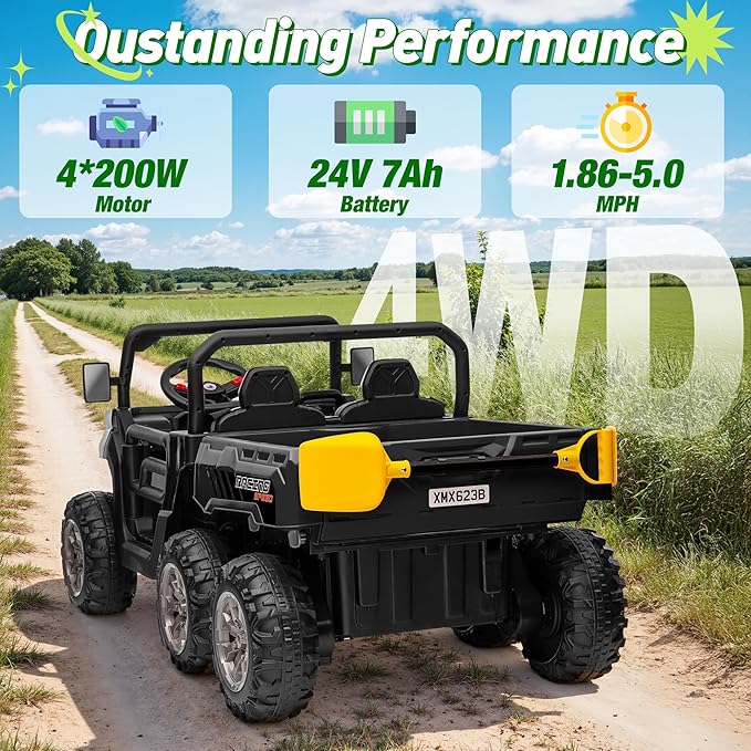 24V Ride on Dump Truck, XL 2 Seater Ride on Cars with Remote Control, 4x200W Powerful Motors, 6-Wheel Suspensions, Electric Dump Bed, Shovel, Kids UTV for Boy Girl