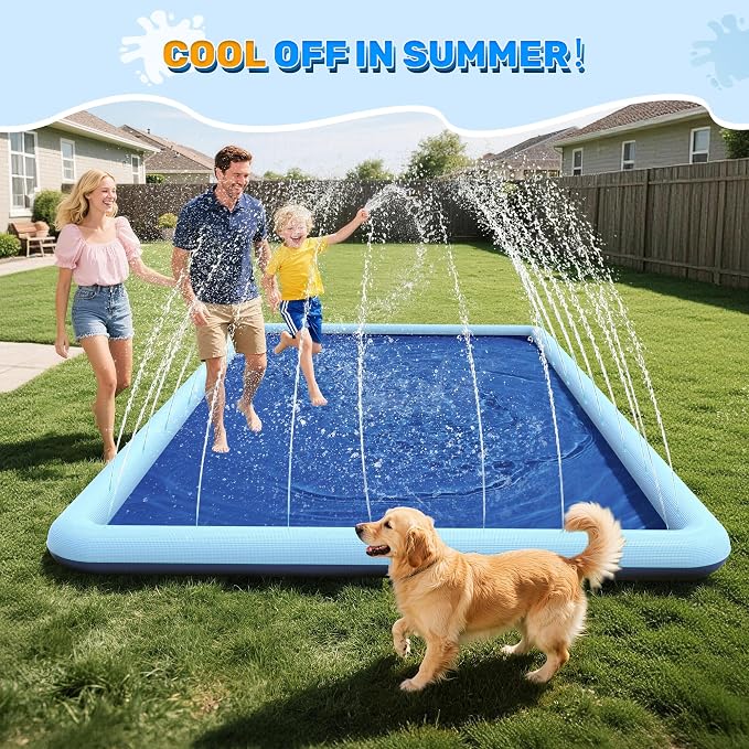 107"x 67" Splash Pad for Dogs, Non-Slip, Rantangle Splash Pad for Kids Ages 4-8, Large Splash Pads for Toddlers 1-3, Dog Sprinkler Shallow Pool, Outdoor Water Toys for Backyard, Teal