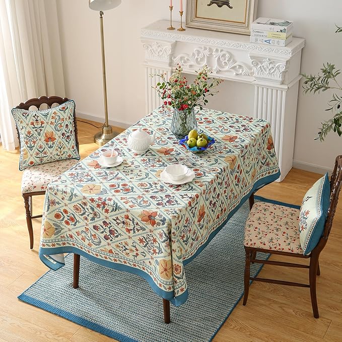 ISAENNE Designer Linen Elegant Tablecloth Rectangular,Colorful Floral Bohemian Table Cloth,Wrinkle Resistant Decor Tablecloths for Dining Thanksgiving Kitchen Party,55"*87"-Floralsea A