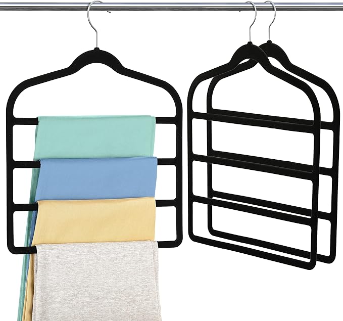 Velvet Pant Clothes Hanger Space Saving Non Slip Shorts Hanger, Myfolrena Jeans Slack Trousers Hangers Multiple Velvet Hanger Closet Organizer Storage and Organization for Jeans,Scarf,Tie(Black,3)