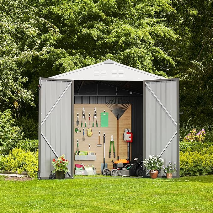 Devoko Outdoor Storage Shed 8 x 6 FT Lockable Metal Garden Shed Steel Anti-Corrosion Storage House with Single Lockable Door for Backyard Outdoor Patio (Gray)