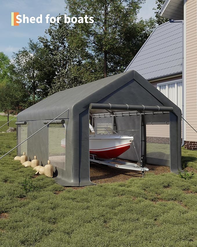 GarveeLife 12x20 ft Portable Garage, Car Port with 200 g PE Tarp Cover, with Front & Rear Roll-Up Doors and 4 Windows, for Temporary Paint Booth, Boats&Pickups Shed, and Event Shelter, Gray