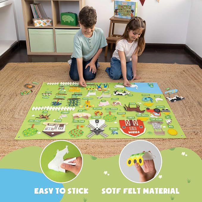 BONNYCO Felt Board for Toddlers with 92 Animal Farm Figures. Montessori and Sensory Toys, Birthday Gifts for Kids 3-8 Years Old. Educational Games, Learning Activities, Christmas