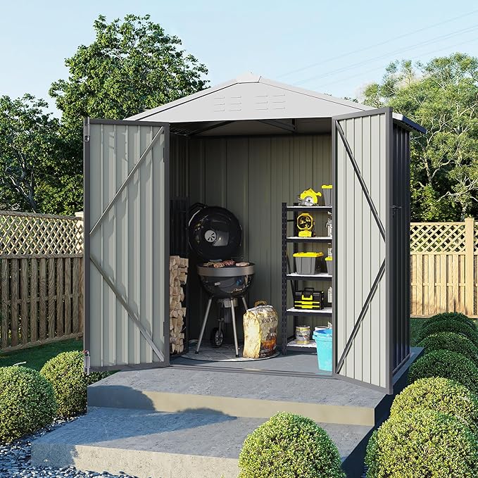 Flamaker 6x4 FT Storage Shed Waterproof Metal Garden Shed with Lockable Door Utility Tool Shed Outdoor Storage for Backyard, Patio and Lawn, Grey