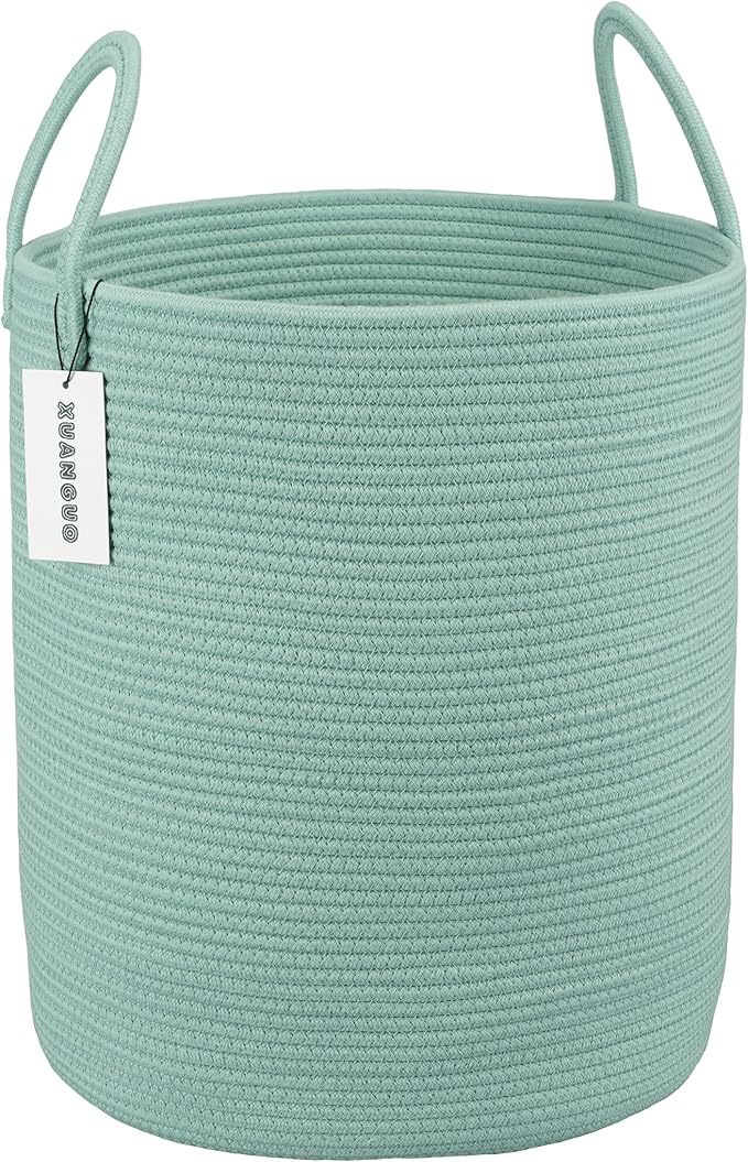 Cotton Rope Laundry Basket Hamper for Clothes Woven Storage Basket for Living Room Bedroom Boho Tall Rope Baskets for Blanket Toys Pillow Towels Baby Nursery Hamper Bin Large light green