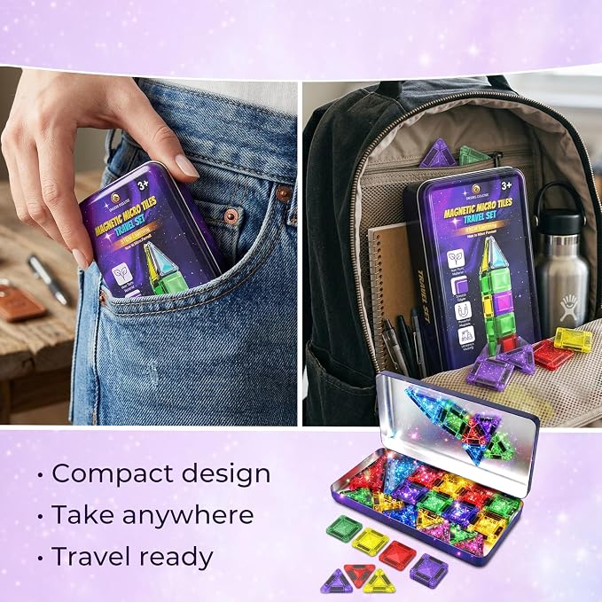 Desire Deluxe Micro Magnetic Tiles Building Blocks Toy - STEM Educational Travel Size Magnetic Blocks for Kids, Learning Sensory Montessori Toddler Magnetic Toys 3+ YO (Not Glitter, 28pc)