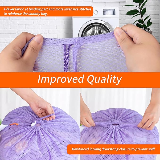 Polecasa Heavy Duty Large Mesh Laundry Bags with ID Tag and Locking Drawstring Closure - 2 Pack, 24 x 36 inches - Laundry Hamper Liner, Washable Laundry Bag for Travel, Sports, Dorms (Purple)
