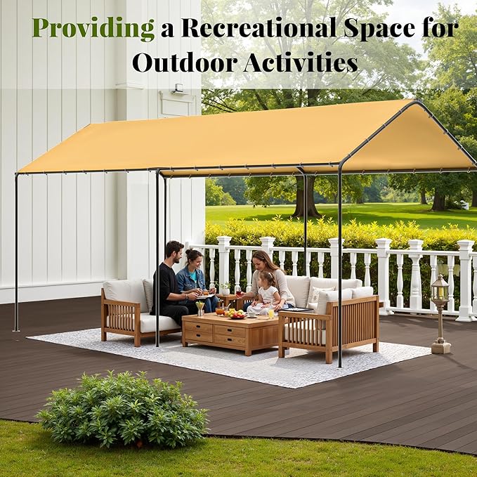 GOJOOASIS 10x20 Carport Heavy Duty Portable Garage Shelter Metal Car Canopy Tent with UV-Resistant & Weatherproof Top Cover for RV & Vehicles (Yellow, 10x20 Without sidewalls)