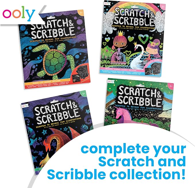 Ooly Scratch & Scribble Travel Crafts for Kids – 1pc Art Kit, Portable Car & Airplane Activity, 8 Scratch Cards + Wooden Stylus + Stickers, Ages 6+ – Dragons