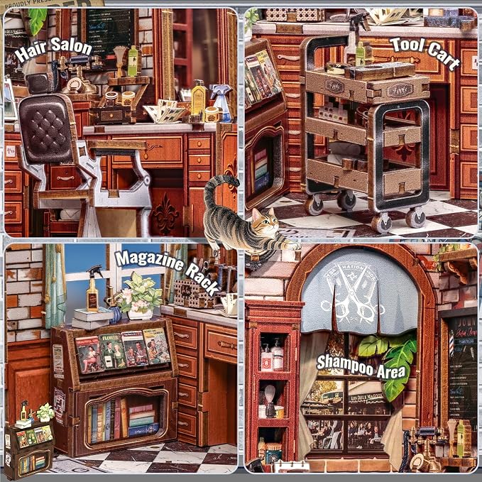CUTEBEE Book Nook Kit - DIY Miniature House Dollhouse Kit for Adults, Booknook Hair Salon Barbershop Tiny House Bookshelf Decor 3D Wooden Puzzle, Gifts for Family and Friends (John's Hair Salon)