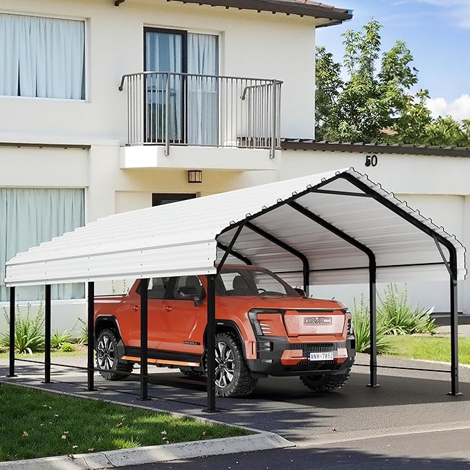 Walsunny Metal Carport 12x20 FT Heavy Duty Carport Canopy with Enhanced Base, Outdoor Car Shelter with Galvanized Steel Roof and Frame Garage for Truck, SUV, Boat, White