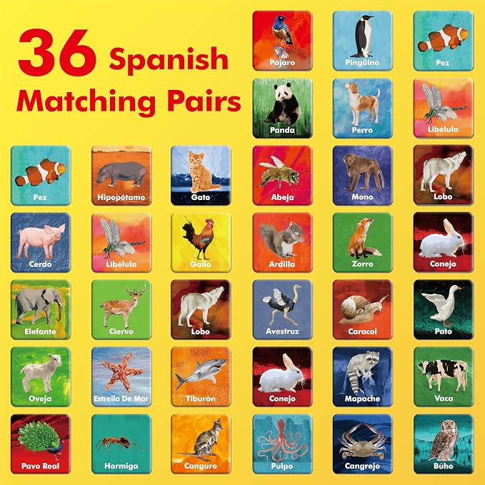 Hebayy 36 Pairs Animal Matching Game, 72PCS Spanish Flashcards 36 Designs Memory Cards Educational Learning Toys for Preschool 4 5 6 Years Old (Each Measures 2” X 2”)