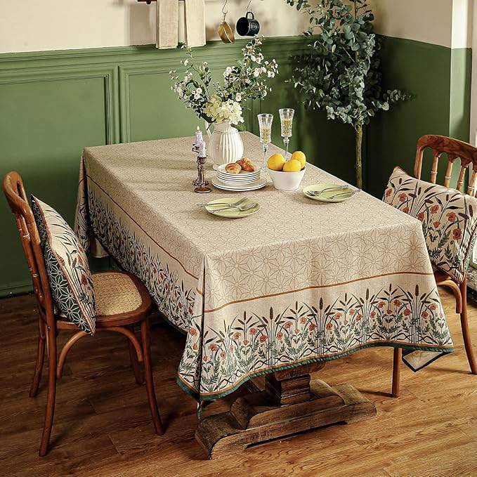 patdrea Designer Linen Light Brown Square Table Cloth,Vintage French Breathable Floral Tablecloth,Decor Table Covers for Kitchen Dining,Parties,Christmas,Tea Party,Thanksgiving,67"x67"-Cudillero